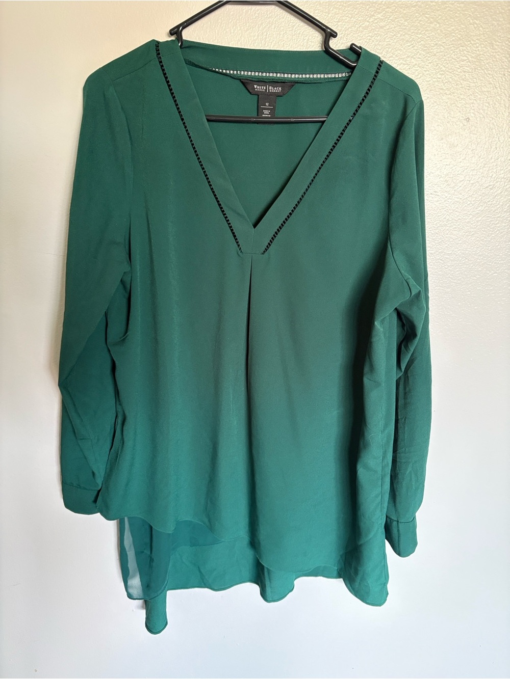 White House Black Market Assymetrical Emerald Green V-Neck Tunic Blouse